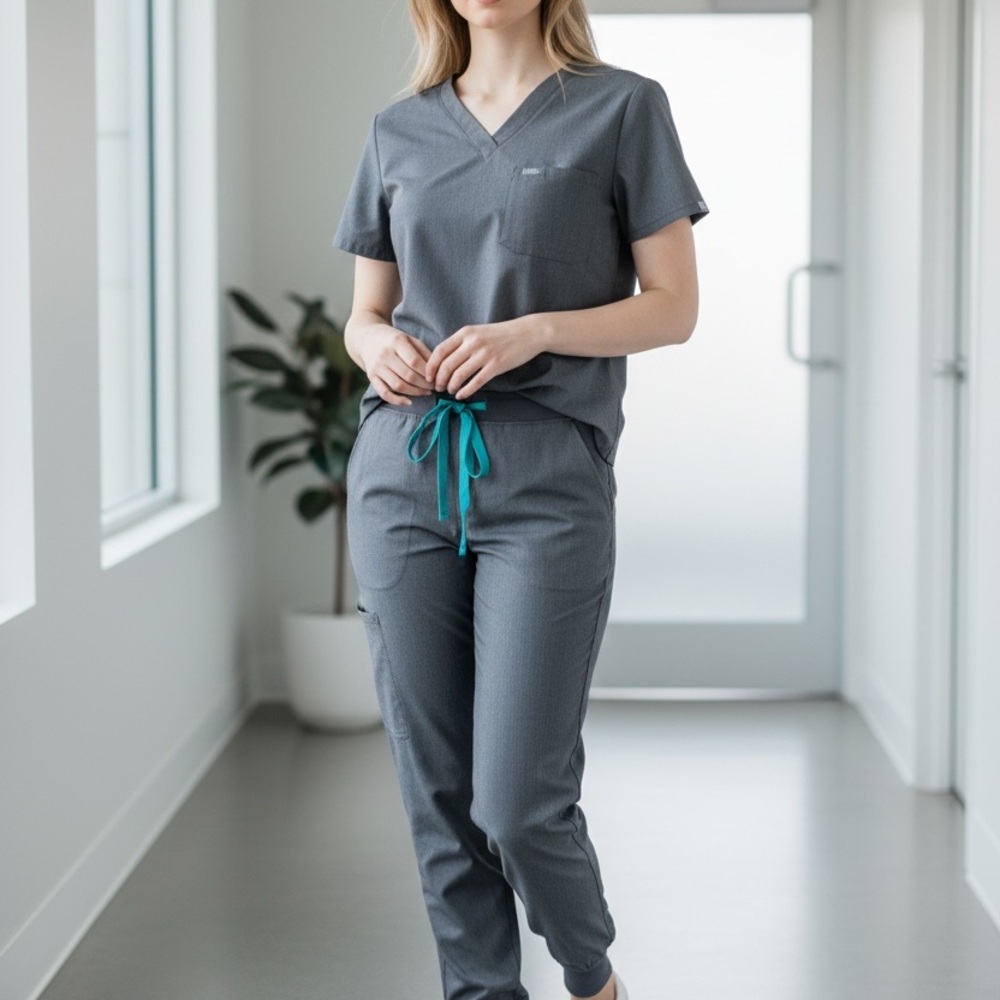 Figs Gray Women's Top with Teal Accents